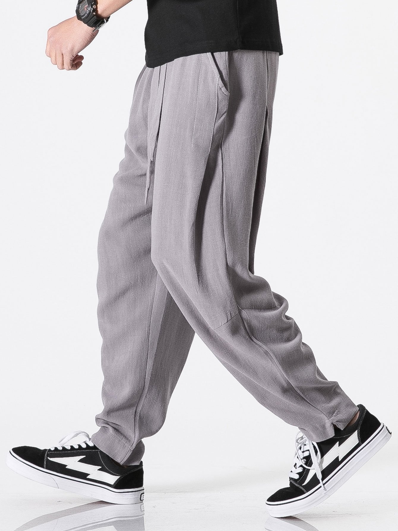 Detachable Belt Relax Fit Linen And Cotton Blend Harem Pants - Naturzy