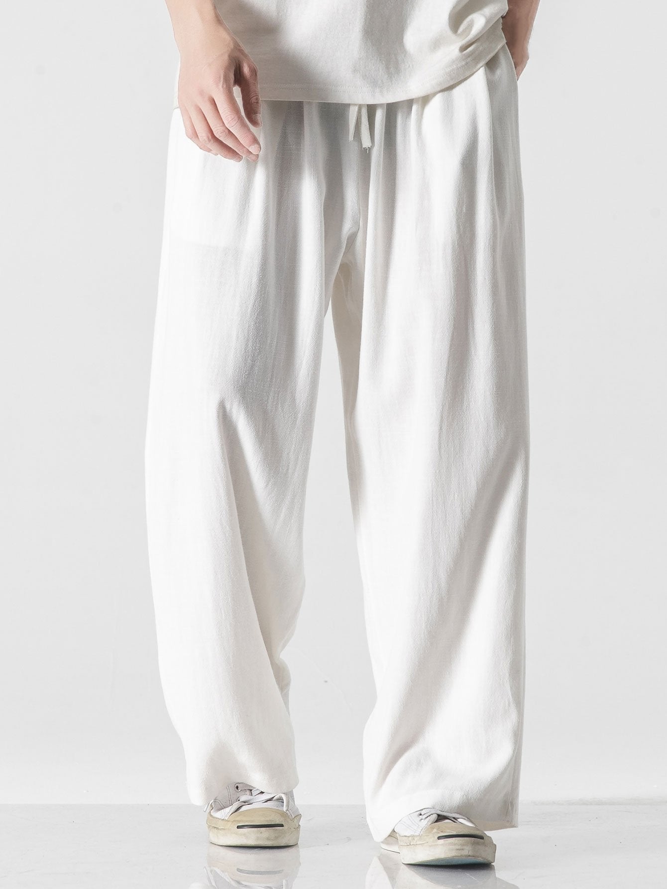 Linen And Cotton Blend Relax Fit Wide Leg Pants - Naturzy