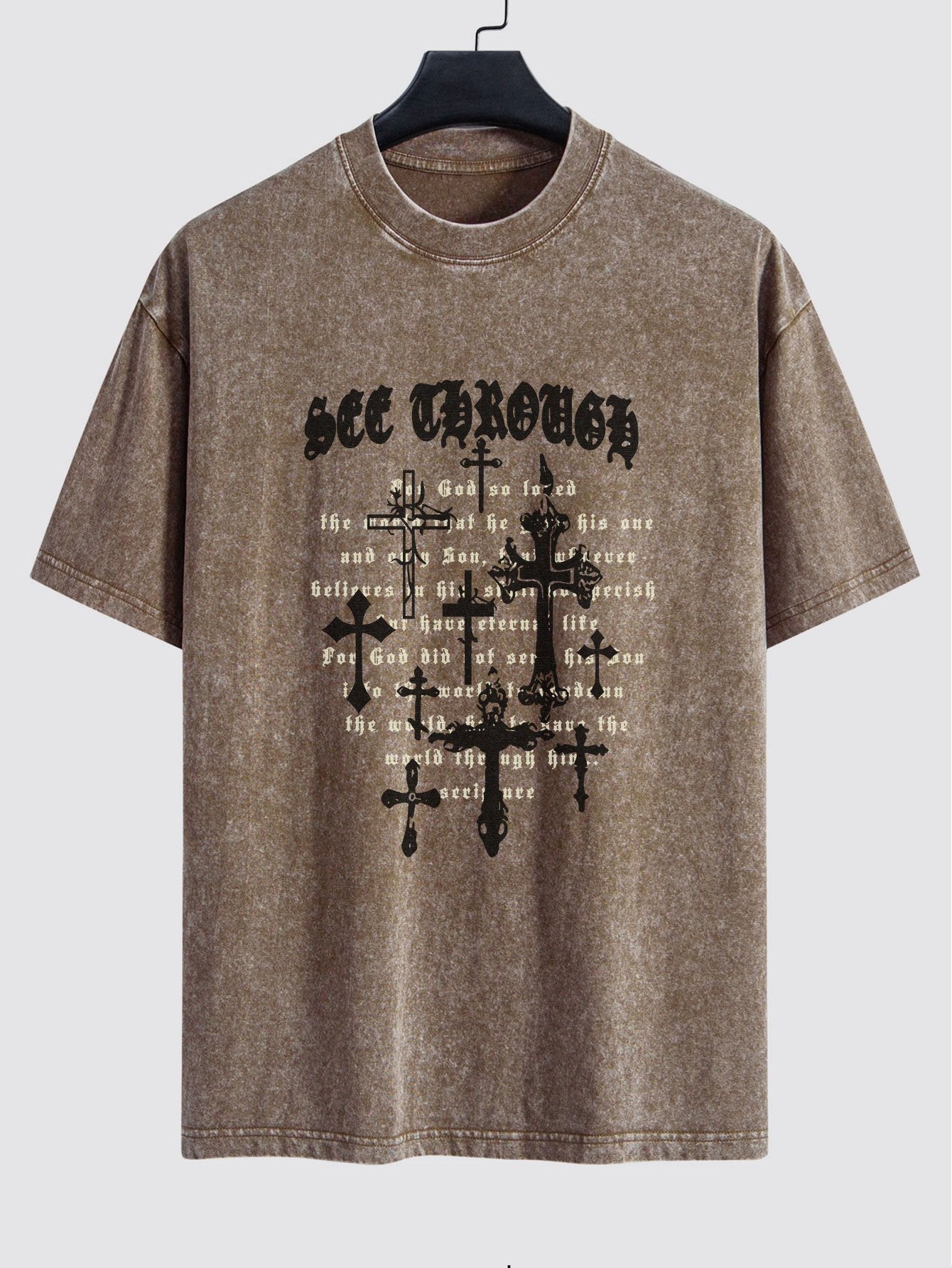 Cross Slogan Print Washed Distressed Drop Shoulder T-Shirt - Naturzy