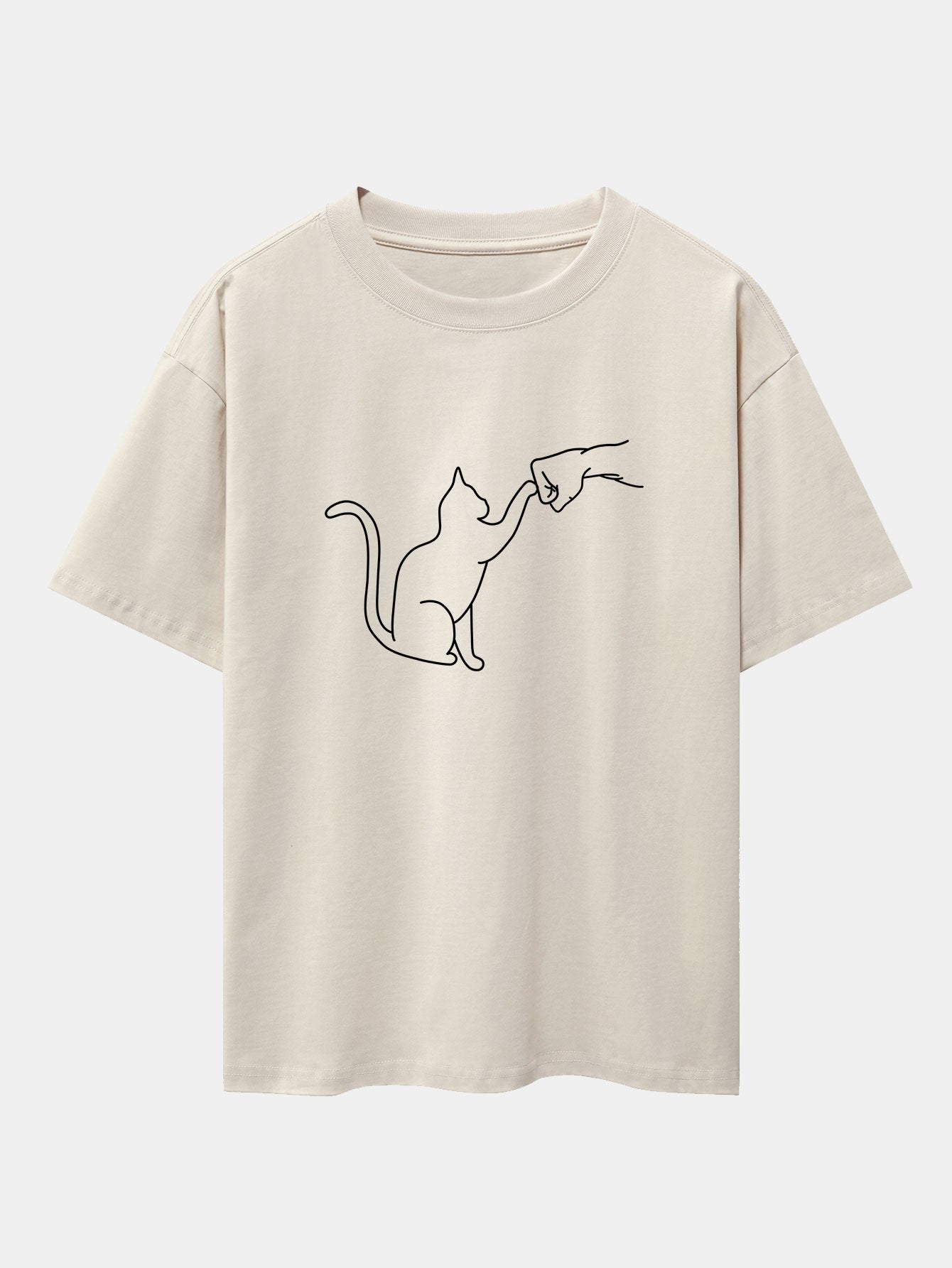 Fist Bump Cat Print Drop Shoulder Oversize T-Shirt - Naturzy