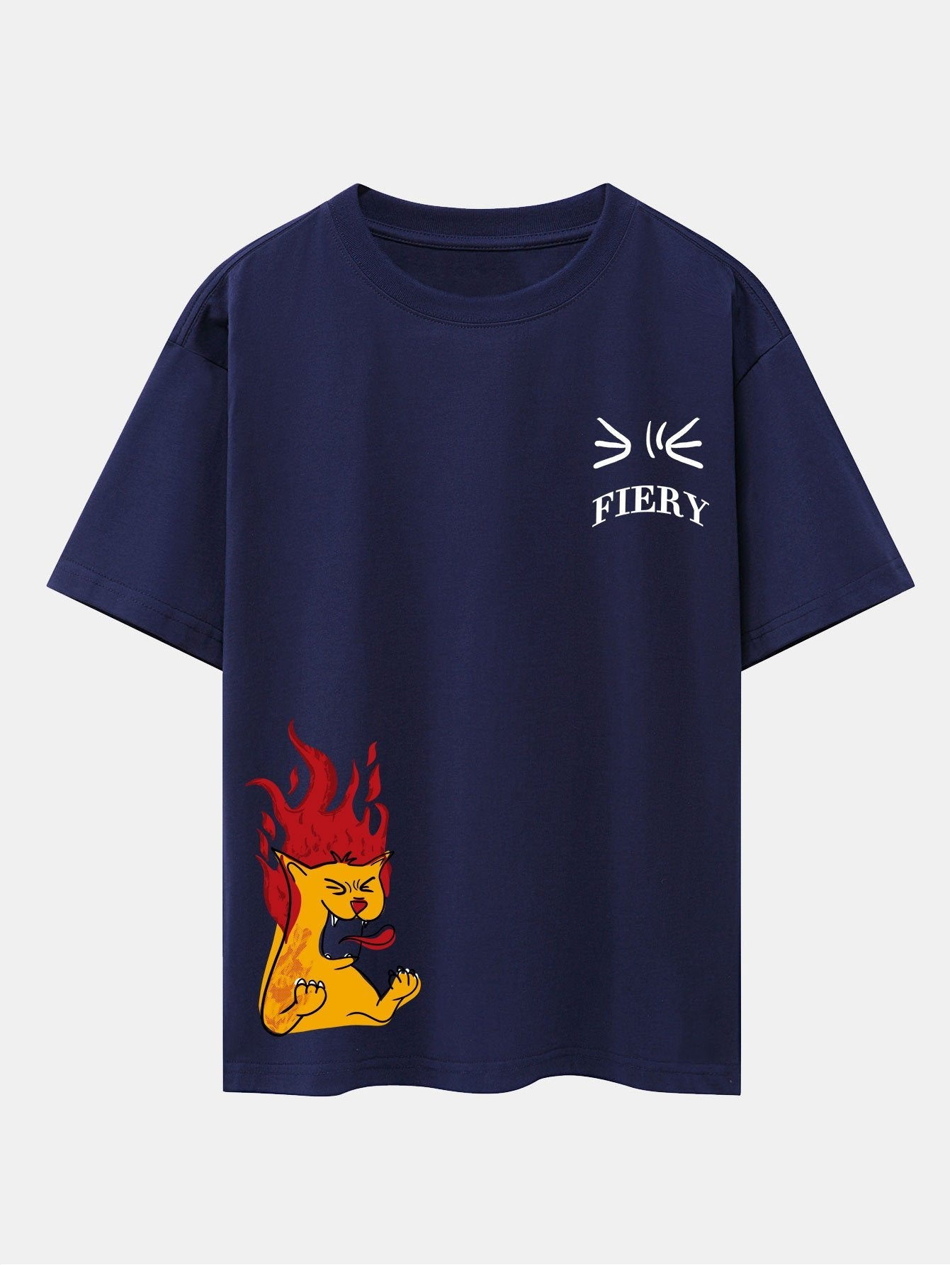 Fiery Cat Print Drop Shoulder Oversize T-Shirt