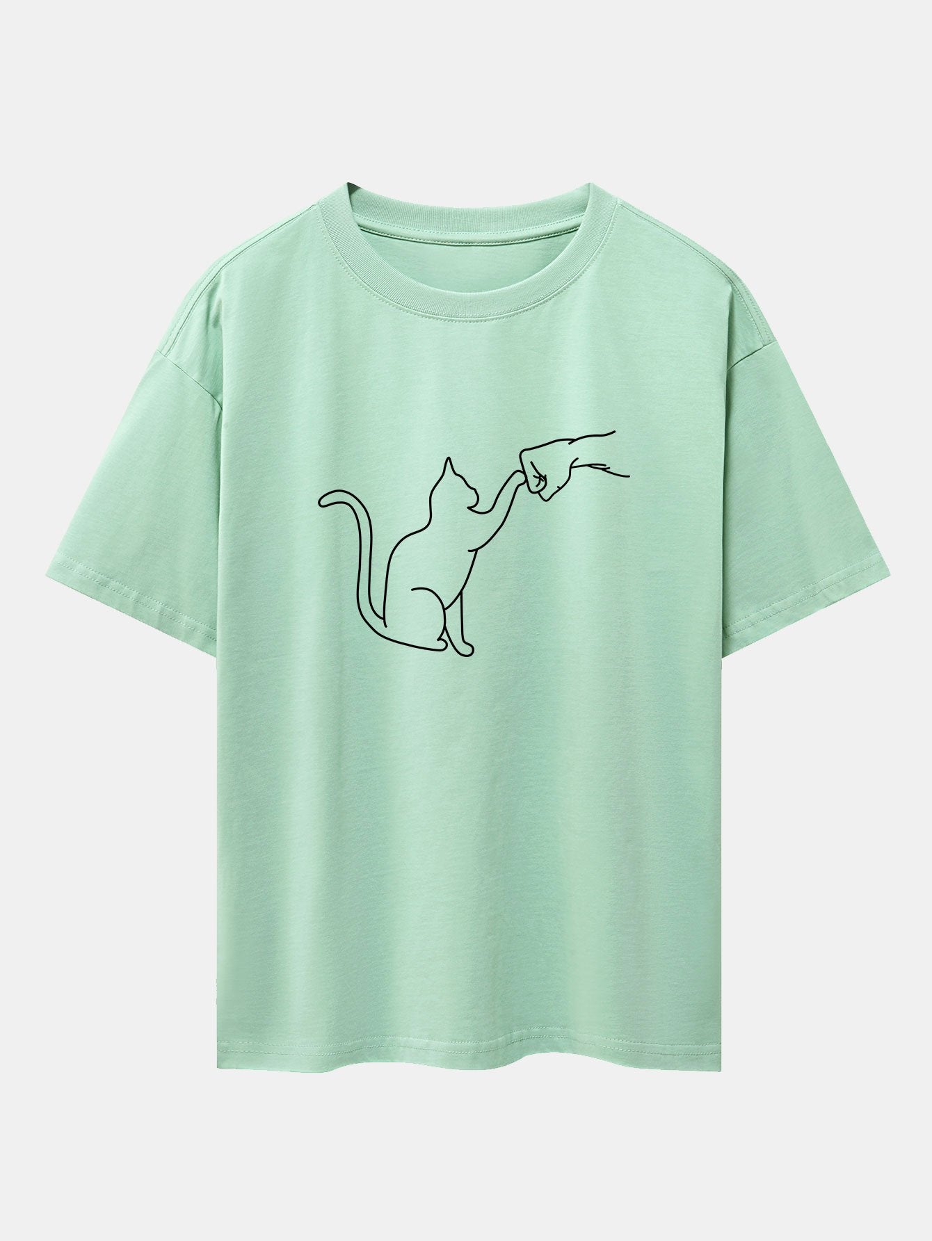 Fist Bump Cat Print Drop Shoulder Oversize T-Shirt - Naturzy