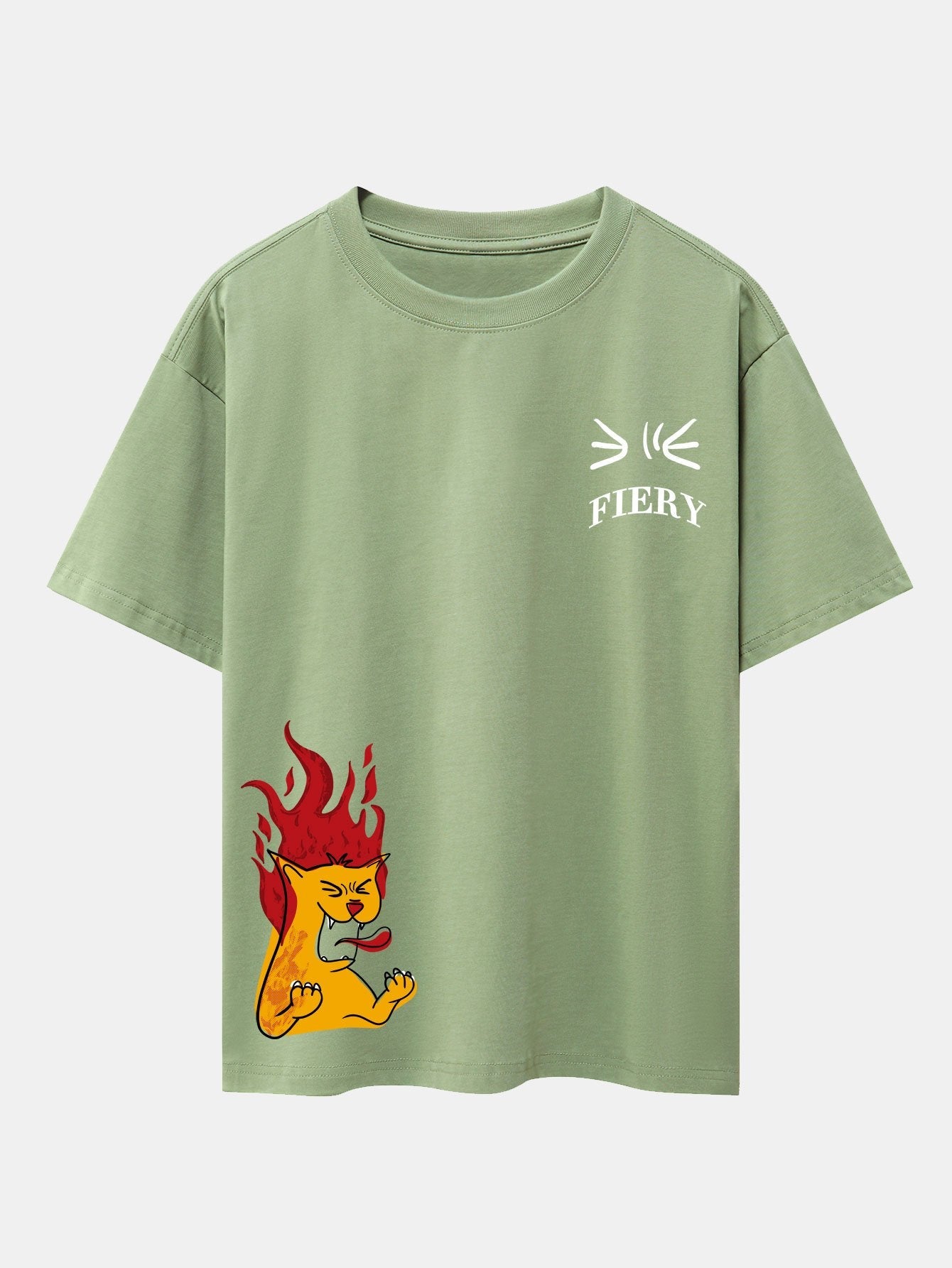 Fiery Cat Print Drop Shoulder Oversize T-Shirt