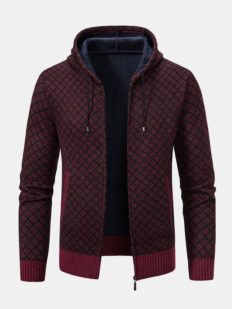 Diamond Pattern Zip Hooded Sweater - Naturzy