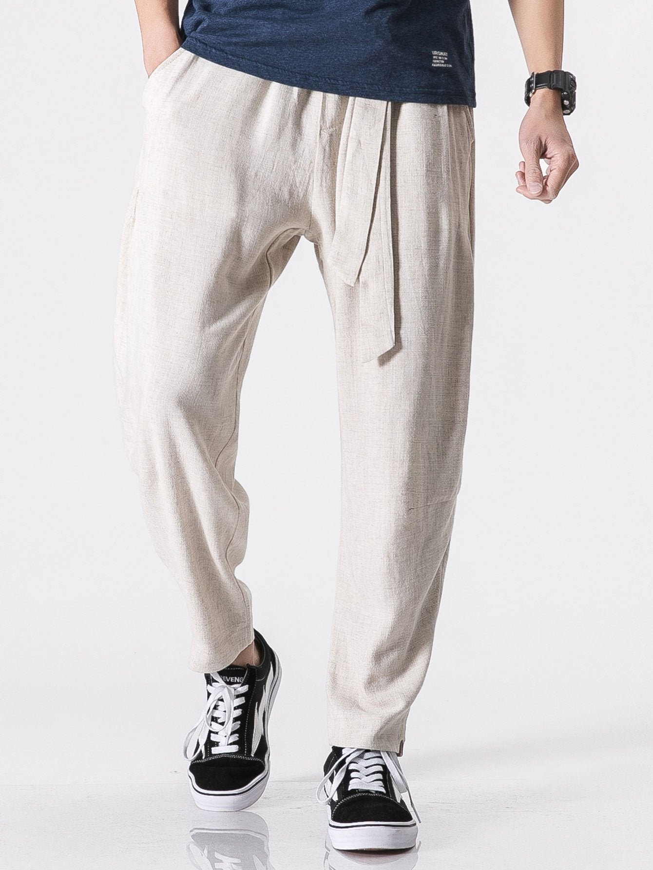 Detachable Belt Relax Fit Linen And Cotton Blend Harem Pants - Naturzy