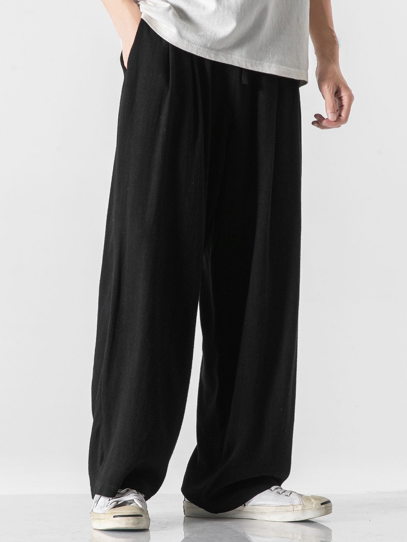 Linen And Cotton Blend Relax Fit Wide Leg Pants - Naturzy
