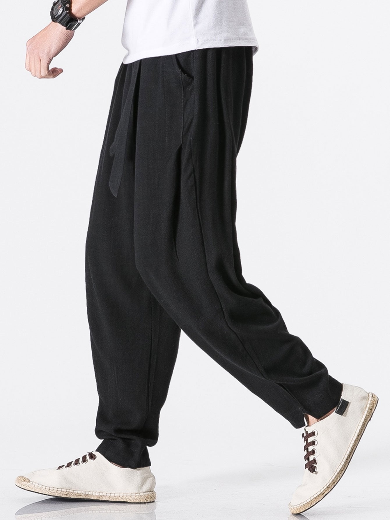 Detachable Belt Relax Fit Linen And Cotton Blend Harem Pants - Naturzy
