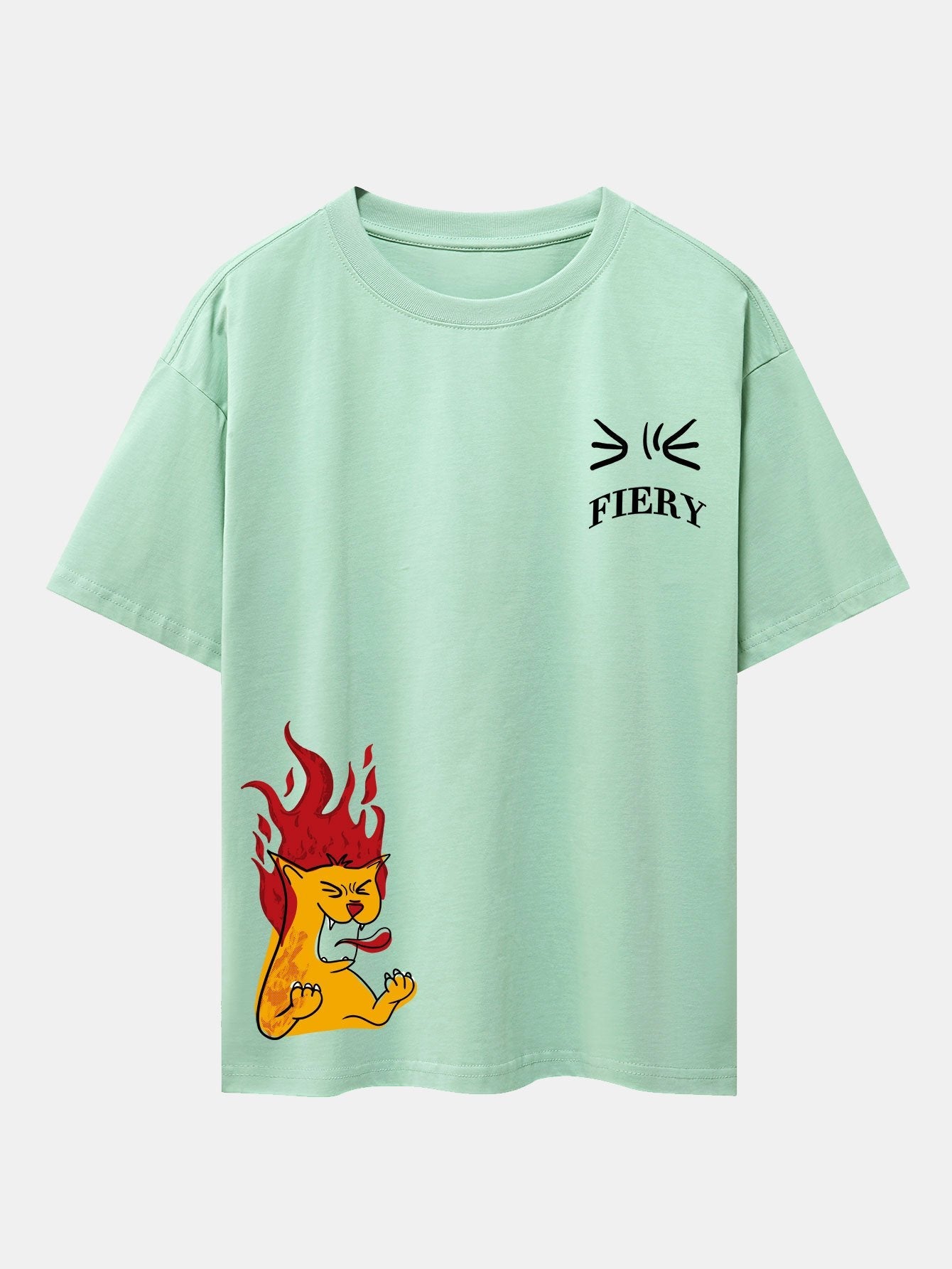 Fiery Cat Print Drop Shoulder Oversize T-Shirt