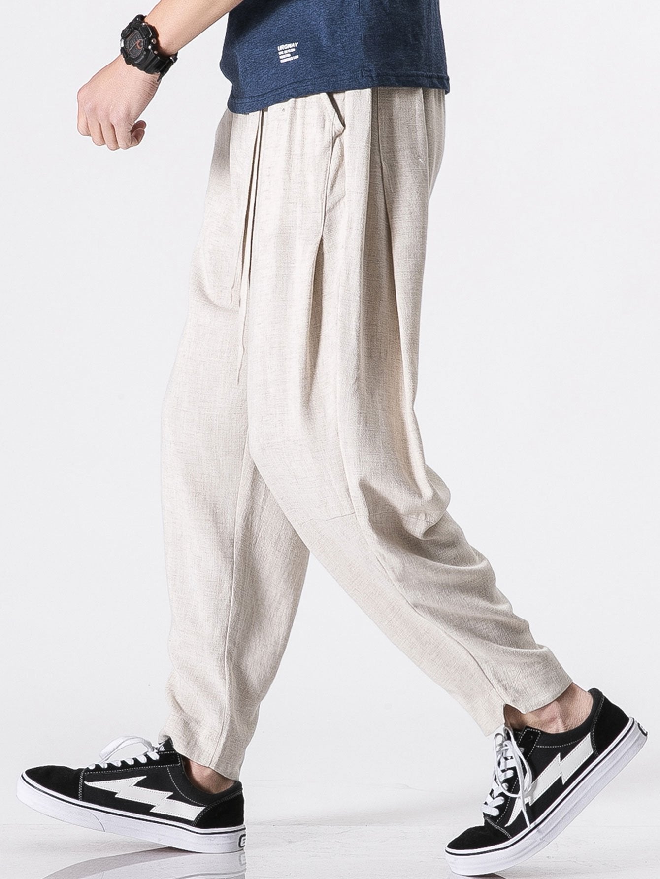 Detachable Belt Relax Fit Linen And Cotton Blend Harem Pants - Naturzy