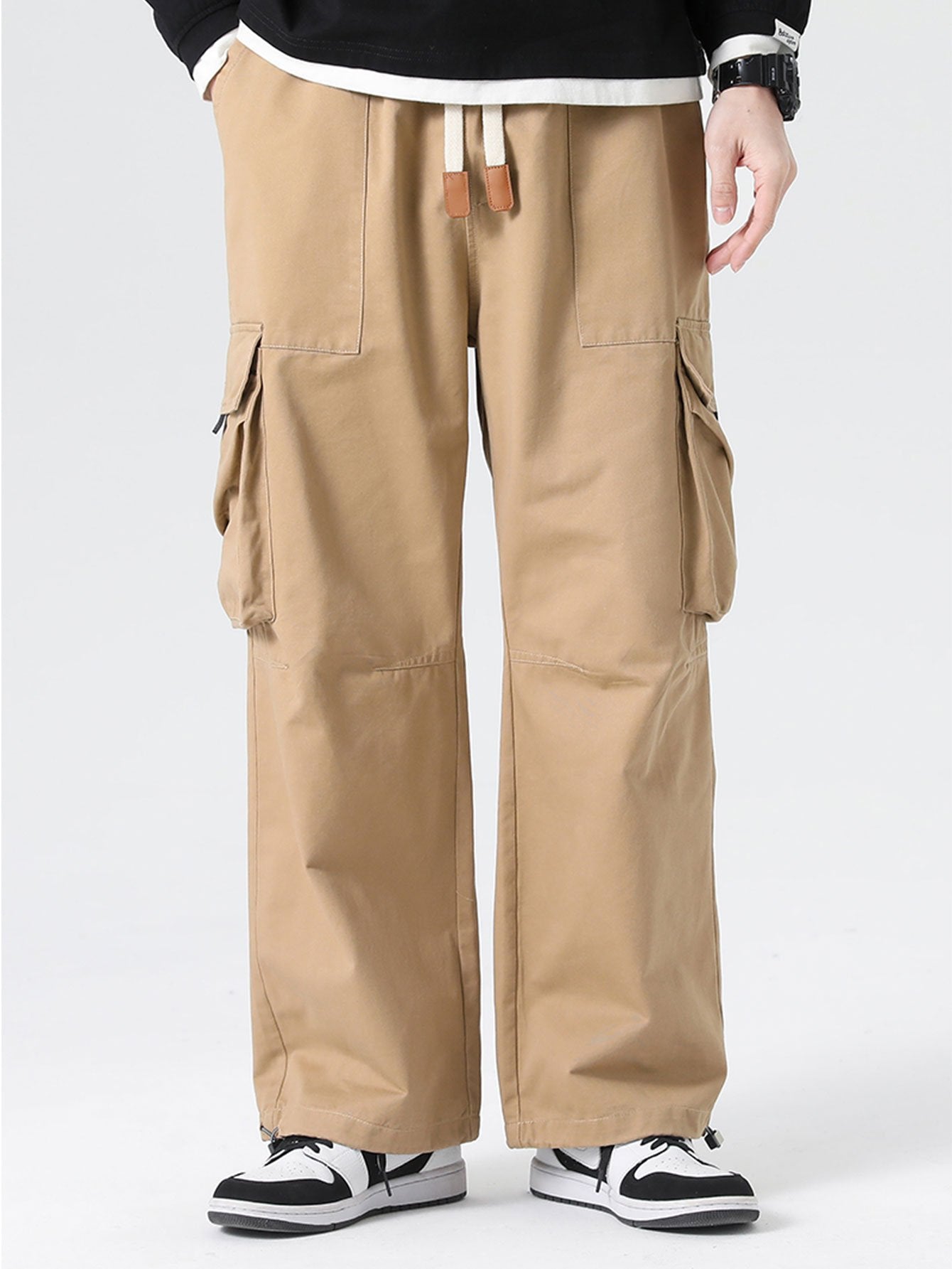Elastic Drawstring Cuff Parachute Cargo Pants - Naturzy