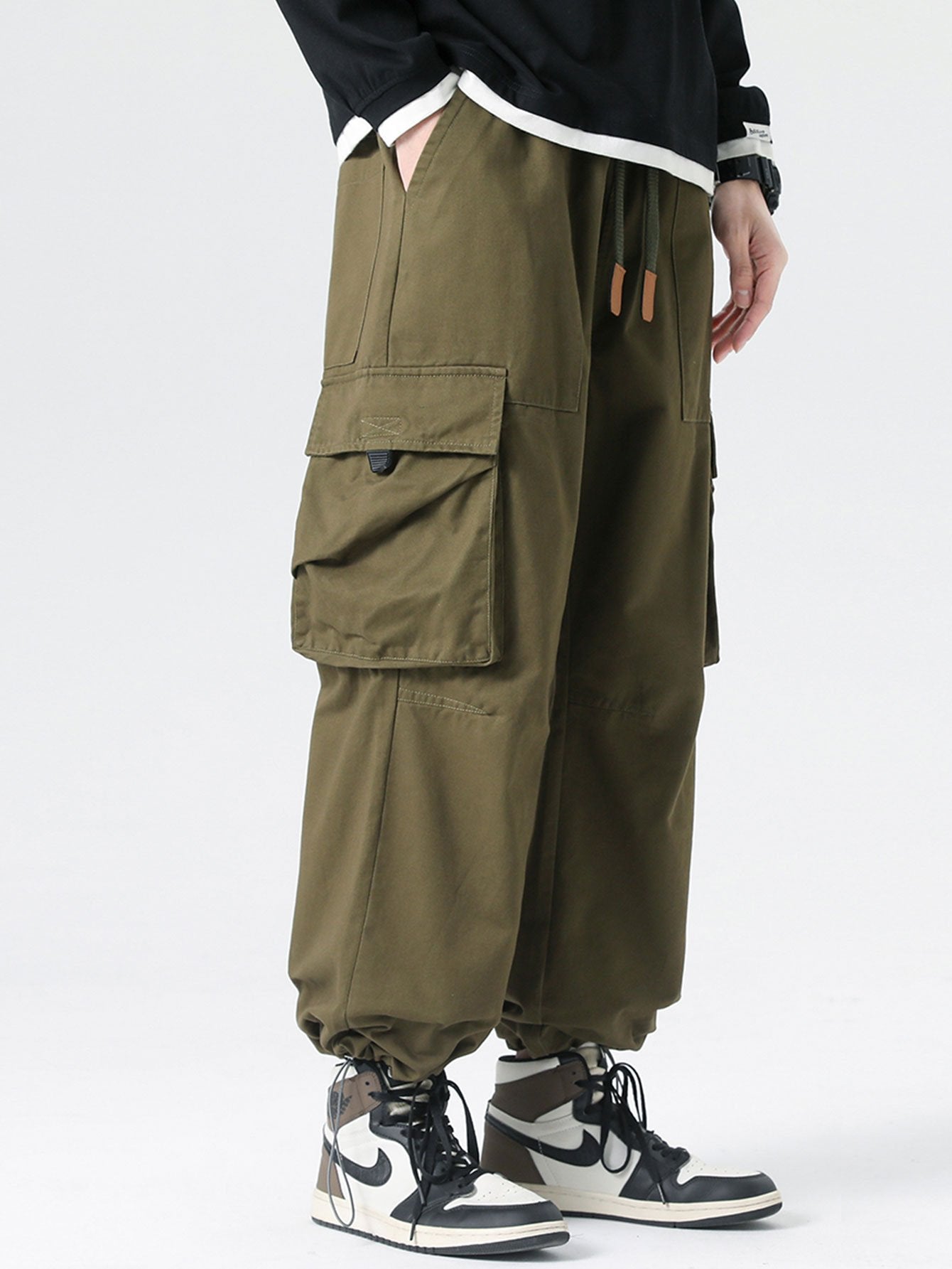 Elastic Drawstring Cuff Parachute Cargo Pants - Naturzy