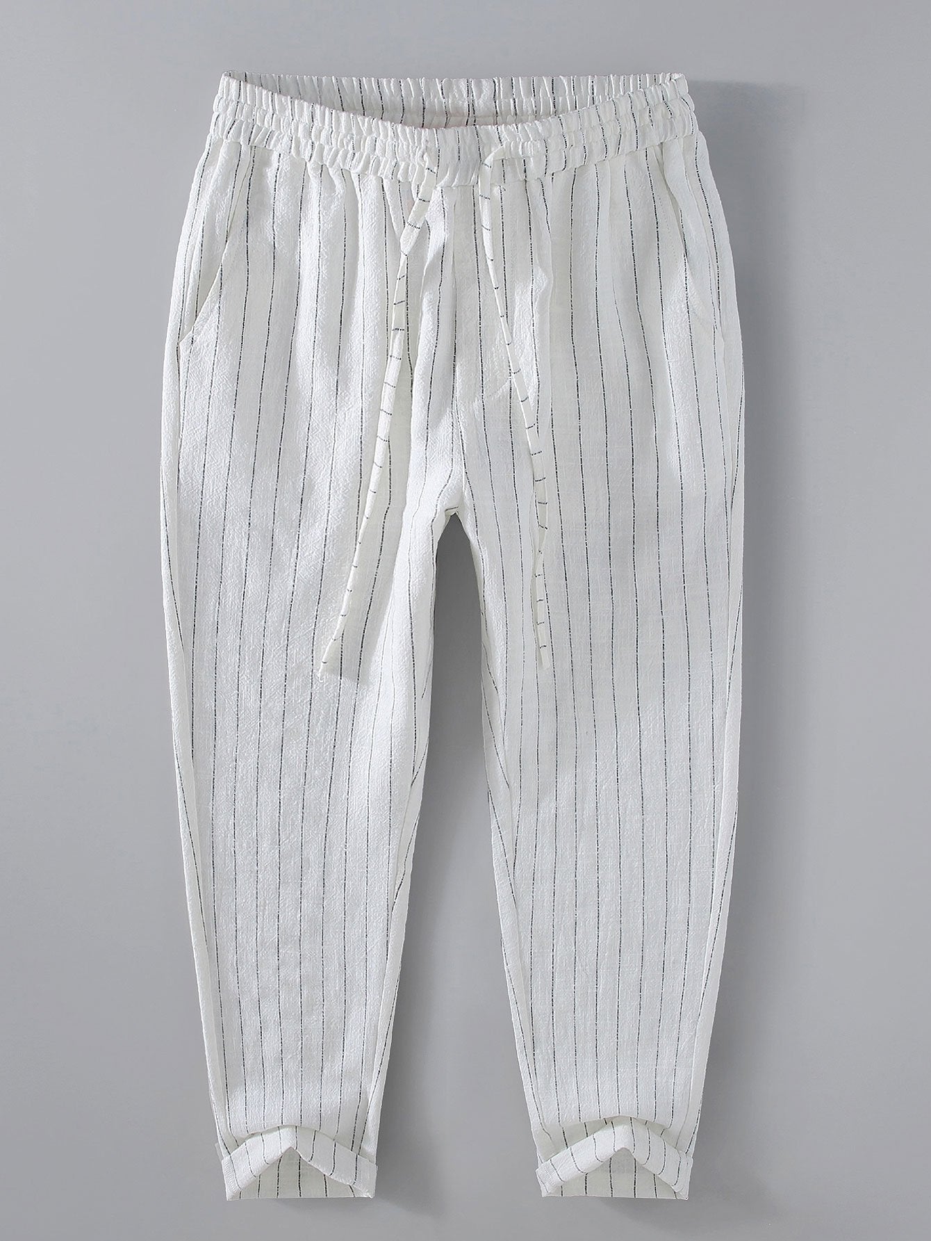 Striped Linen Cotton Blend Cropped Pants - Naturzy