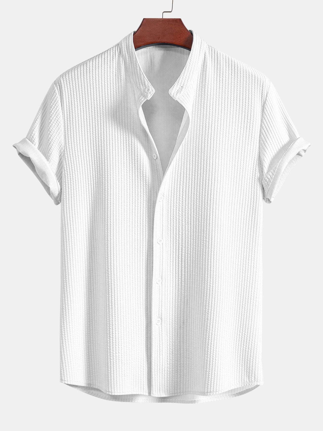 Muscle Fit Ribbed Stand Collar Shirt - Naturzy