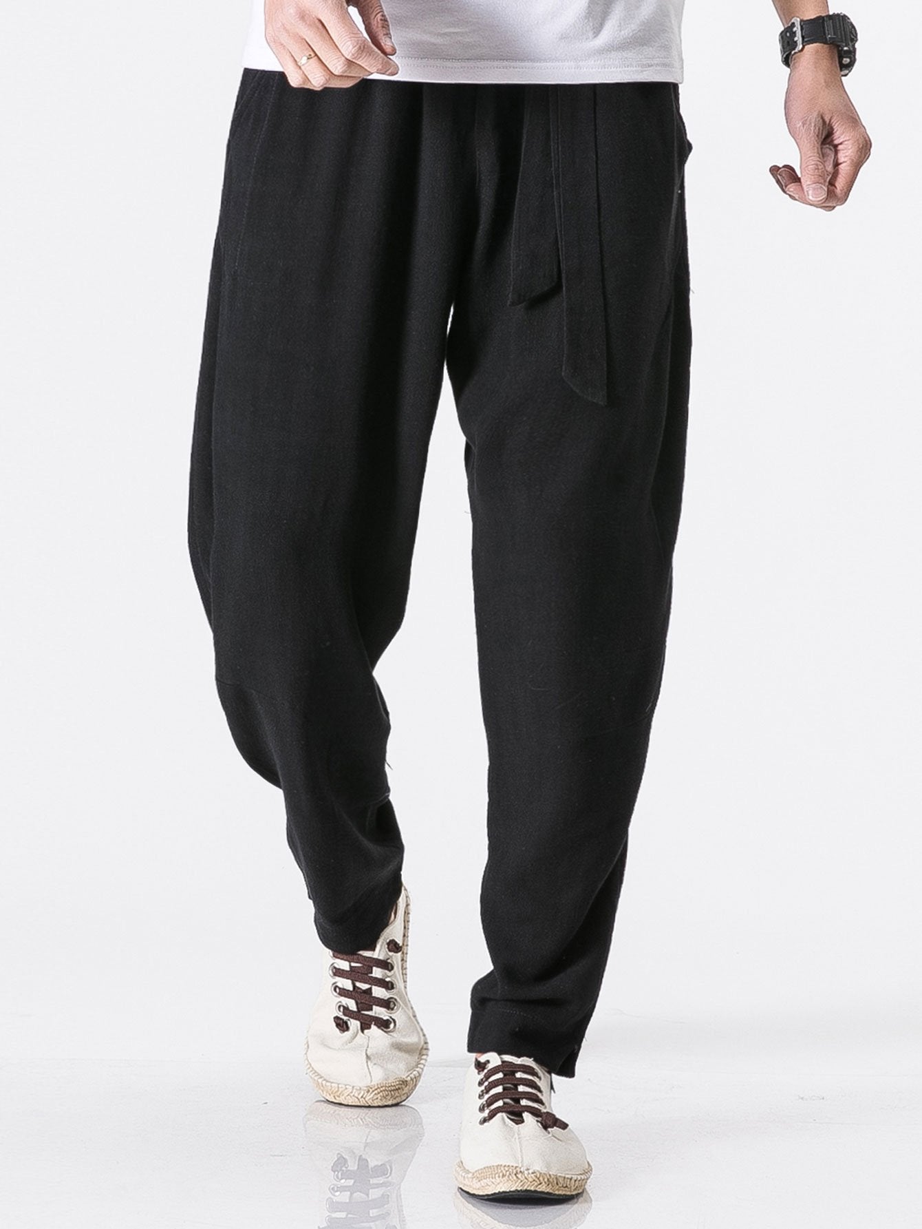 Detachable Belt Relax Fit Linen And Cotton Blend Harem Pants - Naturzy