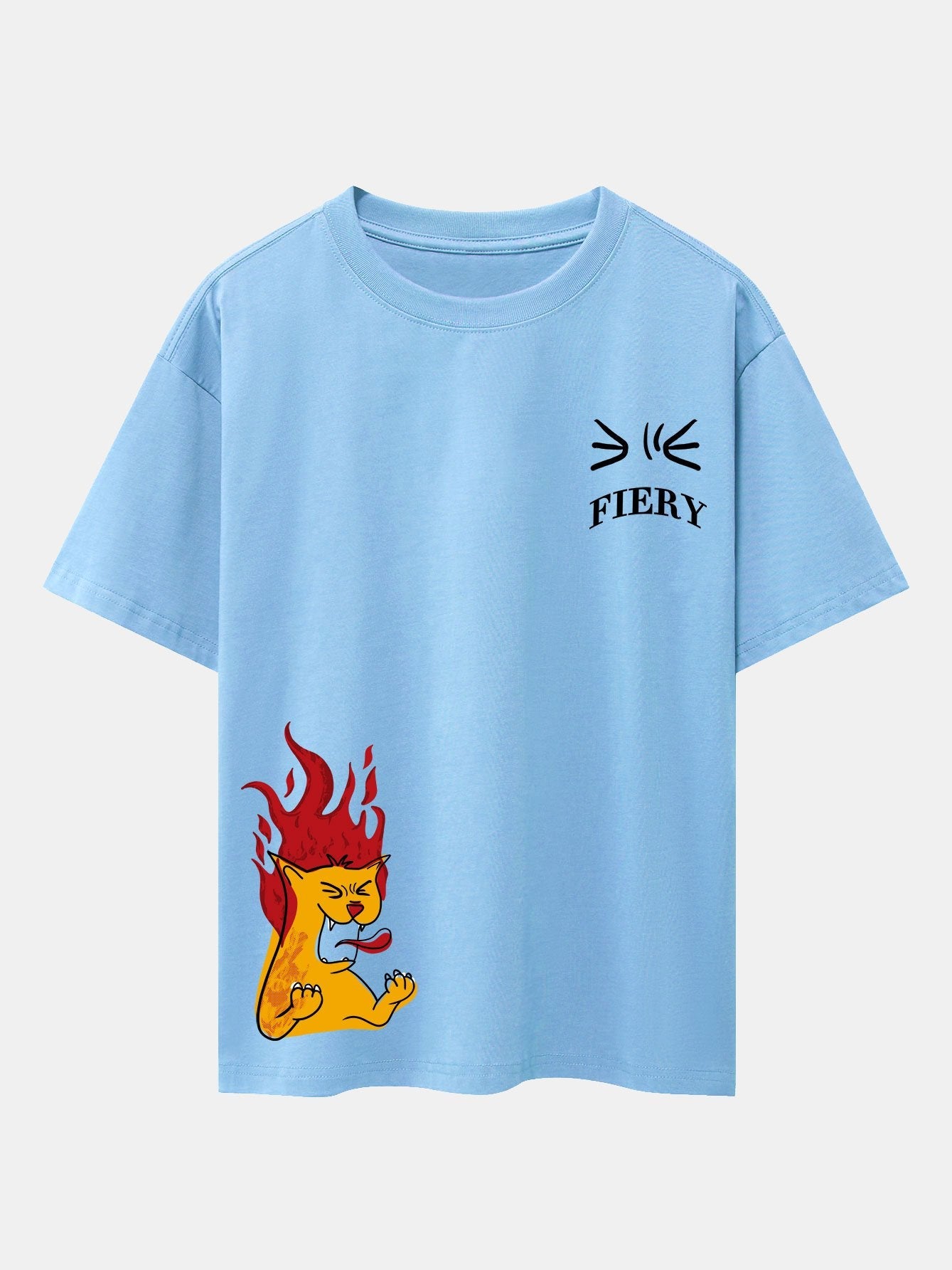 Fiery Cat Print Drop Shoulder Oversize T-Shirt