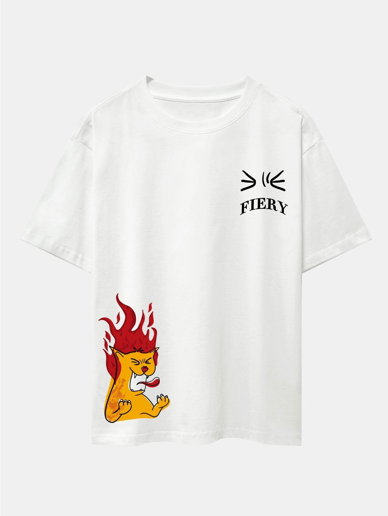 Fiery Cat Print Drop Shoulder Oversize T-Shirt