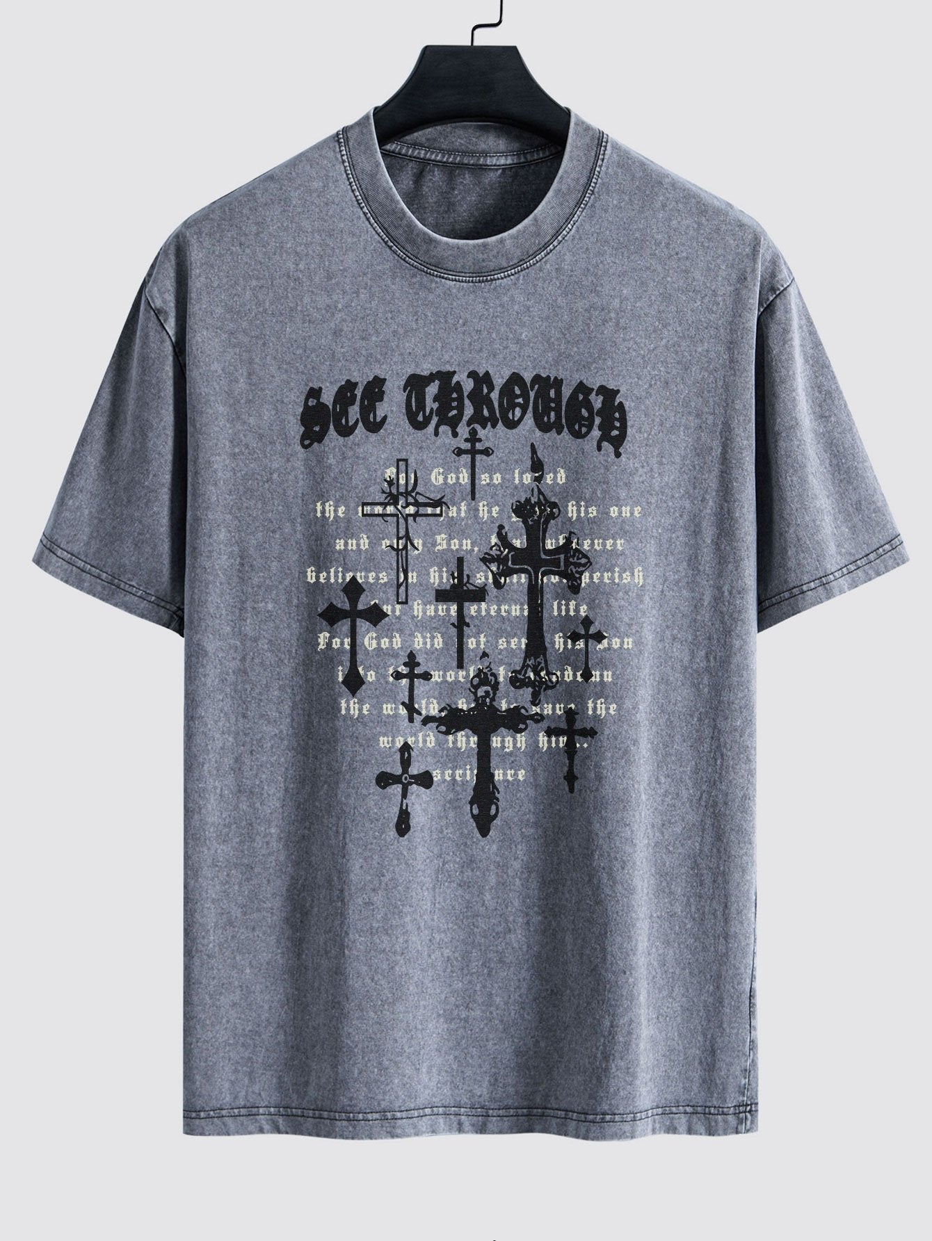 Cross Slogan Print Washed Distressed Drop Shoulder T-Shirt - Naturzy
