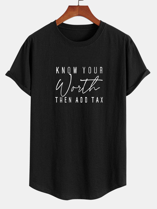 Slogan Print Cotton Arc Hem T-Shirt - Naturzy