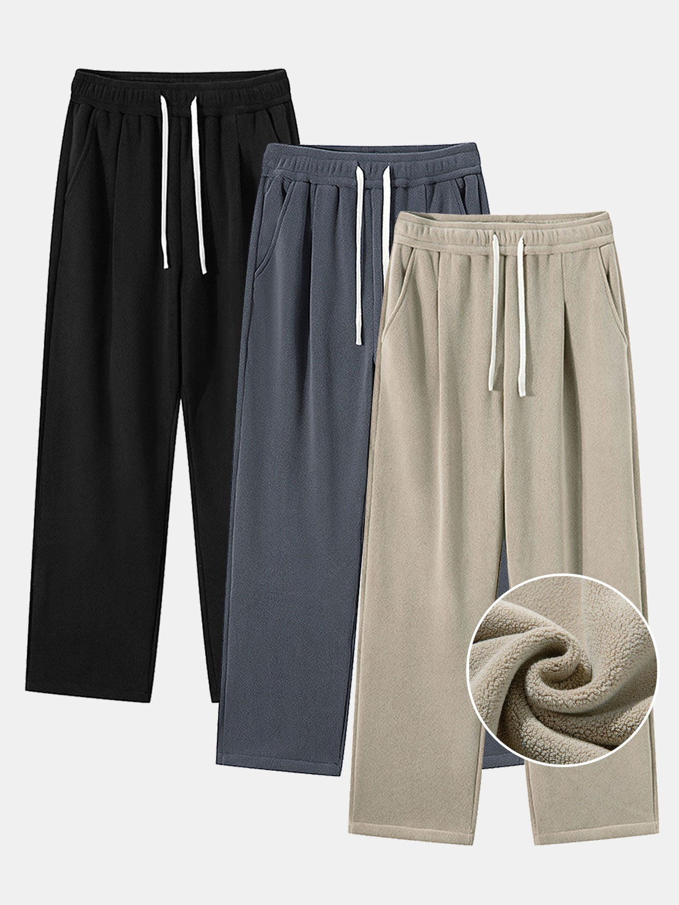 3 Pieces Polar Fleece Loose Fit Straight Leg Pants - Naturzy