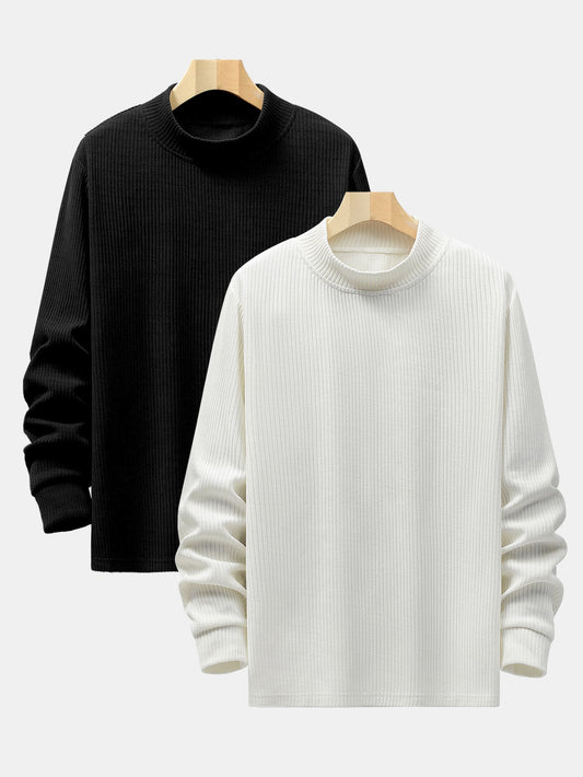 2 Pieces Long Sleeve Muscle Fit Knit Ribbed Mock Neck T-Shirts - Naturzy