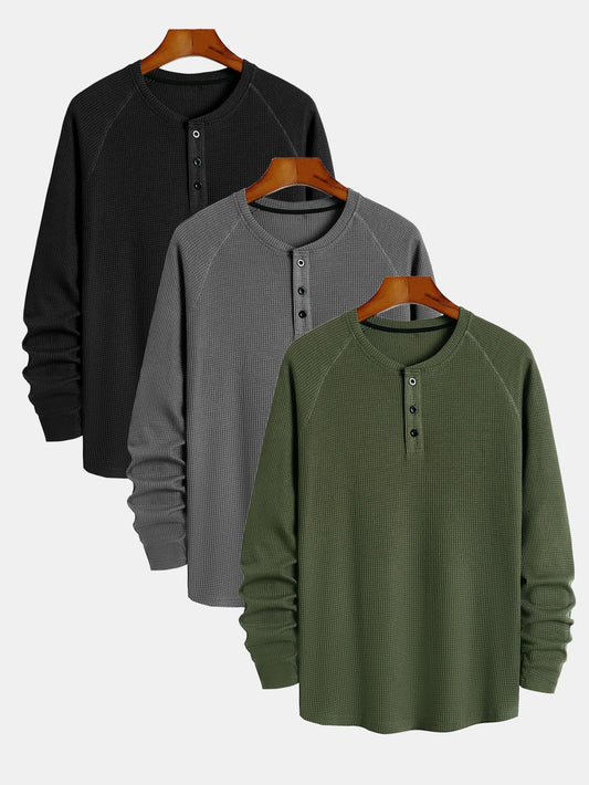 3 Pieces Long Sleeve Arc Hem Waffle Henley Shirt - Naturzy