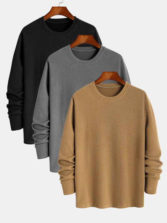 3 Pieces Long Sleeved Muscle Fit Ribbed T-Shirt - Naturzy