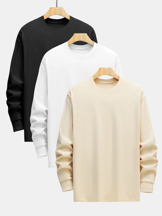 3 Pieces Basic Long Sleeve Heavy Weight T-Shirts - Naturzy