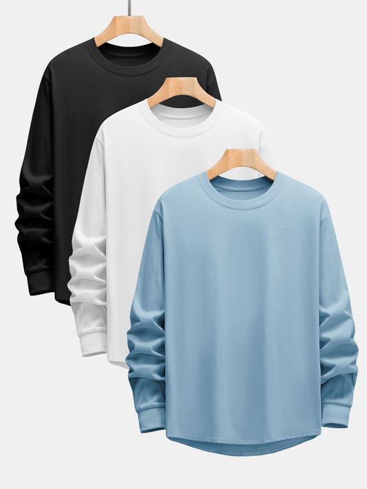 3 Pieces Basic Long Sleeve Heavy Weight Arc Hem T-Shirts - Naturzy