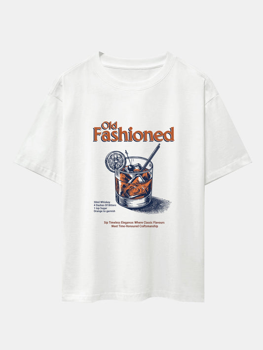 Vintage Whiskey Print Drop Shoulder Oversize T-Shirt - Naturzy