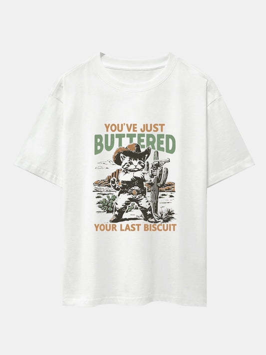 Cowboy Cat Print Drop Shoulder Oversize T-Shirt - Naturzy