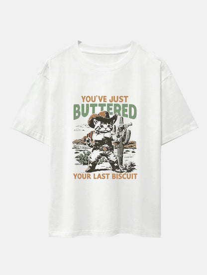 Cowboy Cat Print Drop Shoulder Oversize T-Shirt - Naturzy