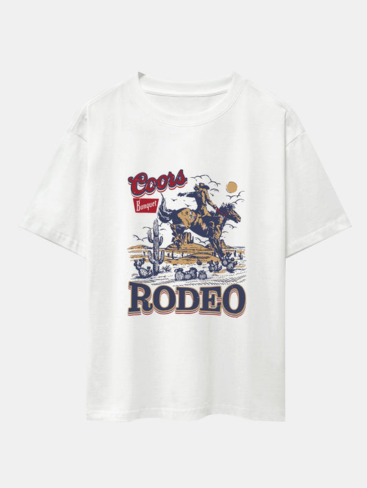 Western Cowboy Print Drop Shoulder Oversize T-Shirt - Naturzy