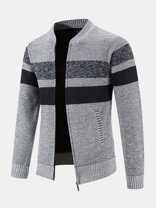 Striped Baseball Collar Teddy Lined Zip Up Sweater - Naturzy