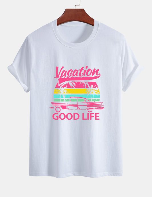 Regular Fit Good Life On Vacation Print Cotton T-Shirt - Naturzy