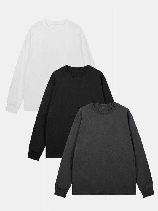 3 Pieces Basic Long Sleeve Ribbed Cuff T-Shirt - Naturzy