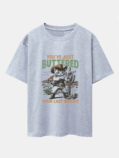 Cowboy Cat Print Drop Shoulder Oversize T-Shirt - Naturzy