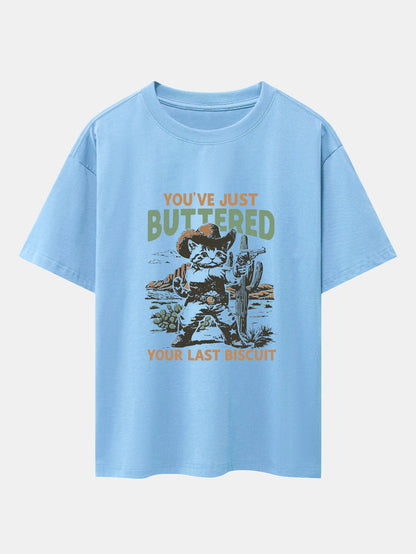 Cowboy Cat Print Drop Shoulder Oversize T-Shirt - Naturzy
