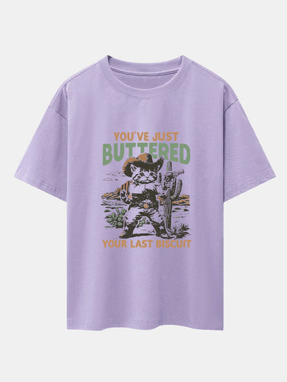 Cowboy Cat Print Drop Shoulder Oversize T-Shirt - Naturzy