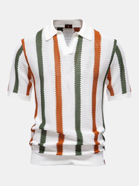 Stripe Knit V Neck Polo Shirt - Naturzy