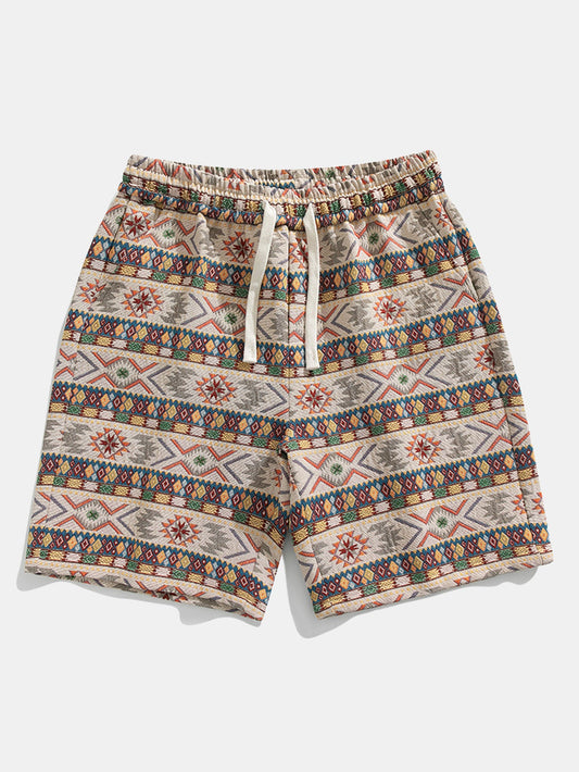 Ethnic Geometric Jacquard Drawstring Shorts - Naturzy