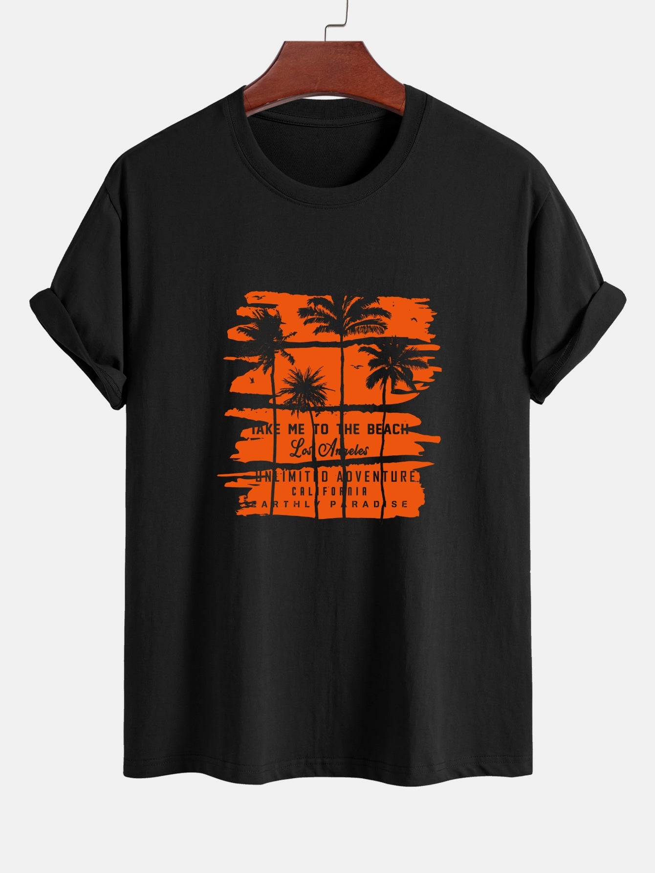 Regular Fit Orange Palm Tree Silhouette Print Cotton T-Shirt - Naturzy