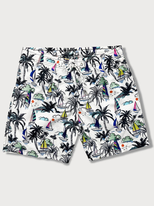 Palm Tree Sailboat Print Swim Shorts - Naturzy