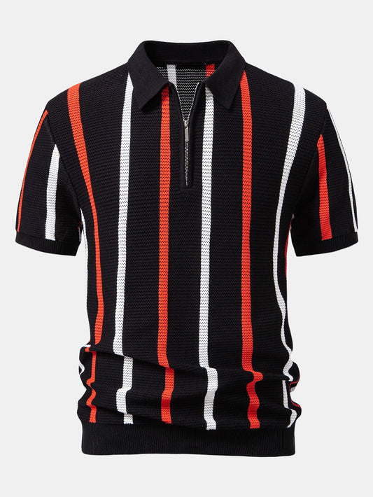 Striped Knit Zip Up Polo Shirt - Naturzy