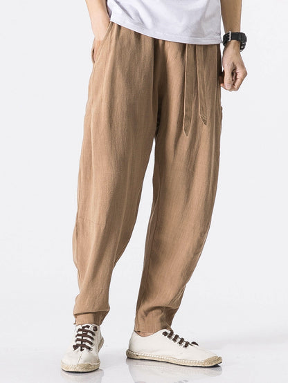Detachable Belt Relax Fit Linen And Cotton Blend Harem Pants - Naturzy