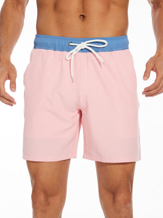 2 In 1 Solid Color Drawstring Swim Shorts With Pocket - Naturzy