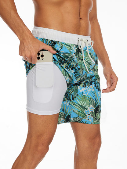 2 In 1 Contrast Tropical Print Swim Shorts - Naturzy