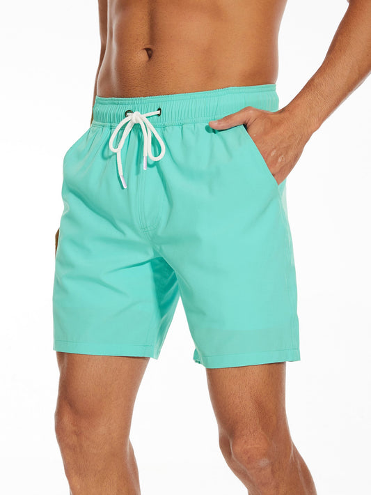 2 In 1 Solid Color Drawstring Swim Shorts - Naturzy