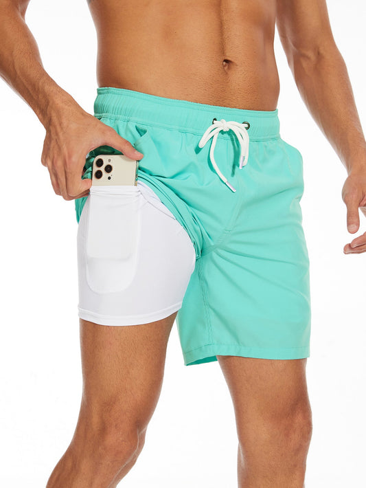 2 In 1 Solid Color Drawstring Swim Shorts - Naturzy