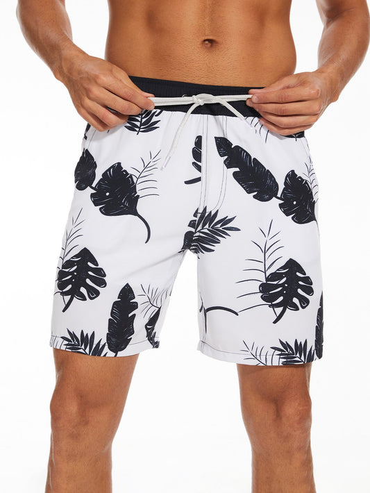 2 In 1 Tropical Leaves Print Swim Shorts - Naturzy