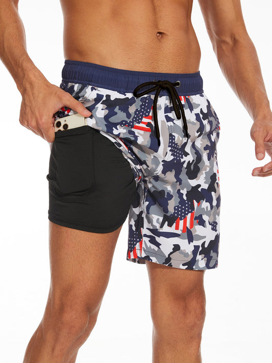 2 In 1 Camouflage USA Flag Print Swim Shorts - Naturzy